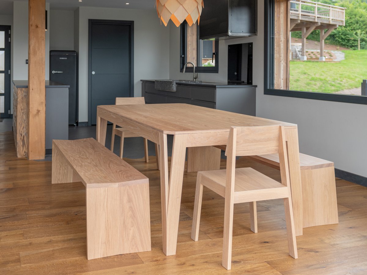 Table MéliMélo et Bancs PAP en chêne - Banc en bois massif disponible en 120 cm et 180 cm
