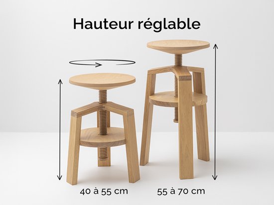 Deux tabourets à vis bois en chêne massif - Clock hauteur réglable 40 à 55 et 55 à 70 cm