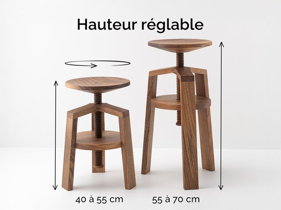 Tabouret à vis en noyer - Clock hauteur réglable 40-55 et 55-70 cm
